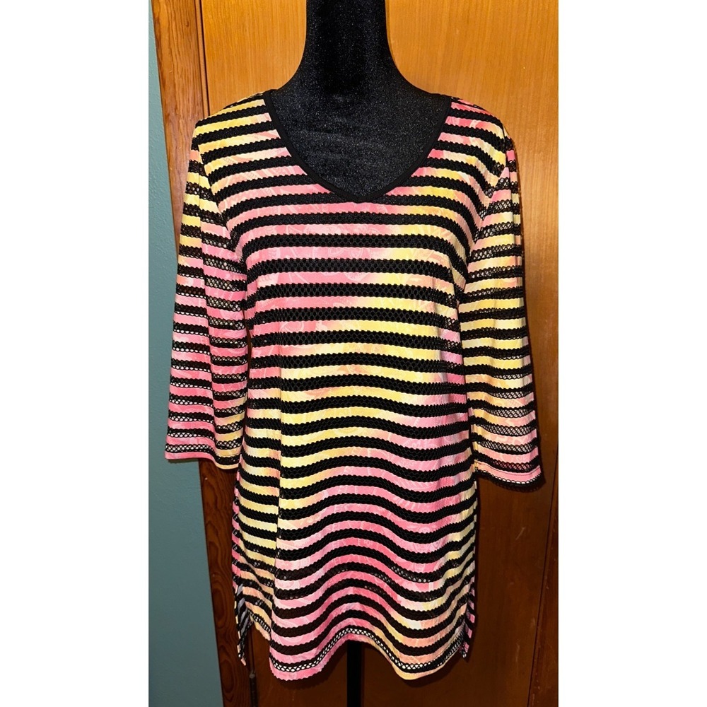 Soft Works Womens Striped Mesh V Neck Tunic Pink Yellow Swim Cover Up Medium